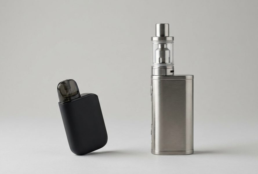 Ein kompaktes Pod-System und ein groesseres Box-Mod-Geraet nebeneinander auf neutralem Hintergrund