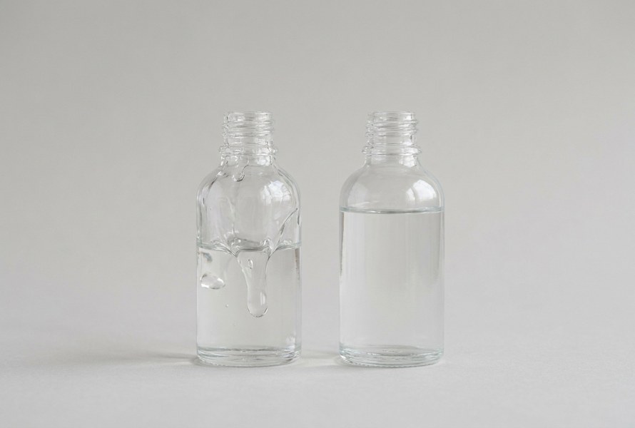 Zwei unbeschriftete Glasflaschen mit klarer Flüssigkeit, links dickflüssiges an der Glaswand haftendes Liquid, rechts dünnflüssiges