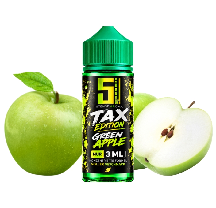 5el-tax-edition-green-apple-longfill-aroma-3-ml 5EL Green Apple TAX EDITION Longfill Aroma 3 ml Flasche mit grünem Apfel und Apfelhälfte