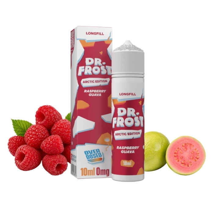 dr-frost-raspberry-guava-longfill-aroma Dr. Frost Raspberry Guava Longfill 10 ml vor Himbeeren und einer halbierten Guave