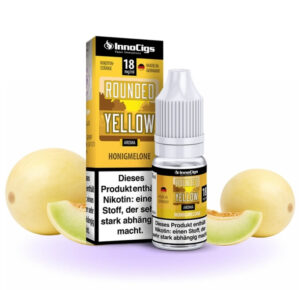 InnoCigs Rounded Yellow Liquid neben Honigmelonenhälften