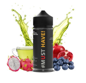 Flasche Must Have U Longfill 10 ml vor einem Spritzer aus grünem Tee, dazu Drachenfrucht, Granatapfel und Blaubeeren