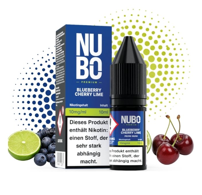 nubo-blueberry-cherry-lime-nikotinsalz-liquid-10-mg Blaubeeren und eine halbe Limette links, Kirschen rechts neben NUBO Blueberry Cherry Lime Nikotinsalz 10 mg/ml