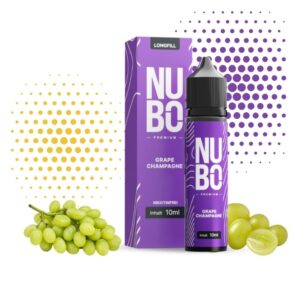 Weintrauben zu beiden Seiten von Packung und Flasche des NUBO Grape Champagne Longfill 10 ml