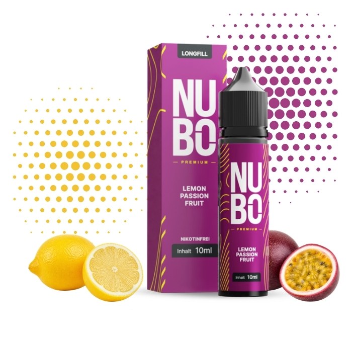 nubo-lemon-passion-fruit-longfill-10-ml NUBO Lemon Passion Fruit Longfill 10 ml in Flasche und Box, daneben Zitrone und Passionsfrucht