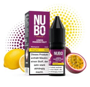 Gelbe Zitronen und eine geöffnete Passionsfrucht flankieren NUBO Lemon Passion Fruit Nikotinsalz 10 mg/ml