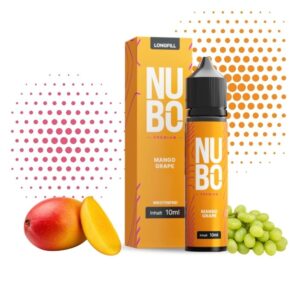 Links eine Mango, rechts Trauben, in der Mitte Faltschachtel und Flasche des NUBO Mango Grape Longfill 10 ml