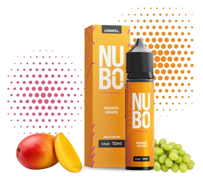 nubo-mango-grape-longfill-10-ml Links eine Mango, rechts Trauben, in der Mitte Faltschachtel und Flasche des NUBO Mango Grape Longfill 10 ml