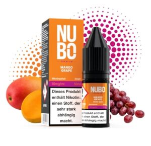 Reife Mango vorne links und rote Trauben rechts am NUBO Mango Grape Nikotinsalz, 10 mg/ml