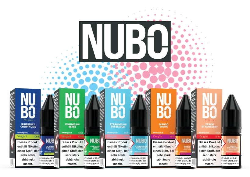 Fünf Sorten NUBO Nikotinsalz mit Faltschachteln vor hellblauen und rosa Punkten, darüber das NUBO Logo