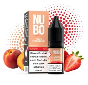 Pfirsich mit Kern links und Erdbeeren rechts zeigen den Geschmack von NUBO Peach Strawberry, 10 mg/ml Nikotinsalz