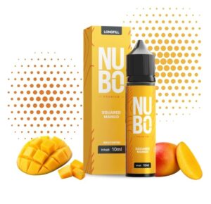 Faltschachtel und Flasche NUBO Squared Mango Longfill 10 ml neben einer gewürfelten und einer ganzen Mango