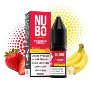 Rote Erdbeeren links, gelbe Bananen rechts beim NUBO Strawberry Banana Nikotinsalz 10 mg/ml