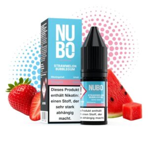 NUBO Strawmelon Bubblegum Nikotinsalz 10 mg/ml, Flasche und Packung zwischen Erdbeeren und einem Stück Wassermelone