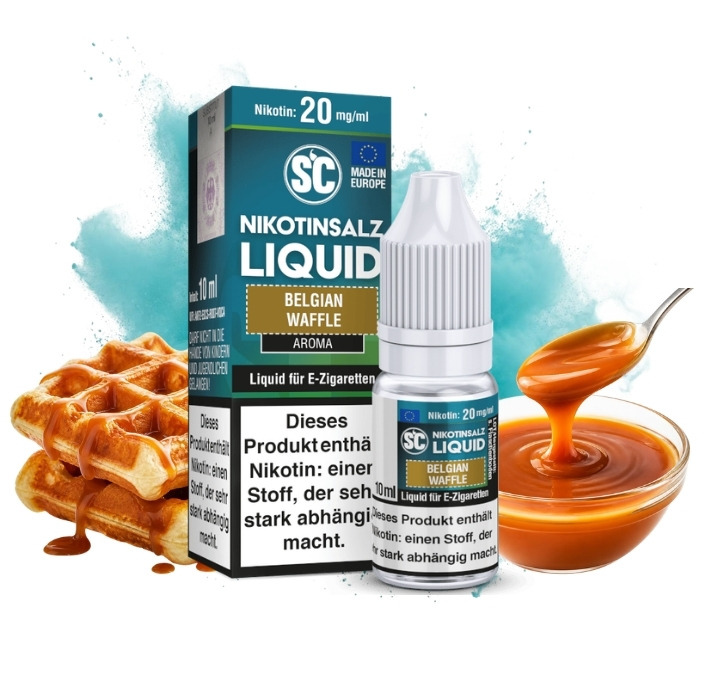 sc-belgian-waffle-nikotinsalz-liquid-20-mg-10-ml SC Belgian Waffle Nikotinsalz Liquid 10 ml, 20 mg/ml, Flasche mit Waffel und Karamell