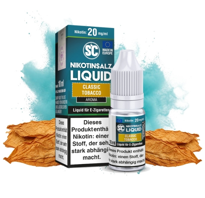 sc-classic-tobacco-nikotinsalz-liquid-20-mg-10-ml SC Classic Tobacco Nikotinsalz Liquid 10 ml, 20 mg/ml, Flasche mit Tabakblättern