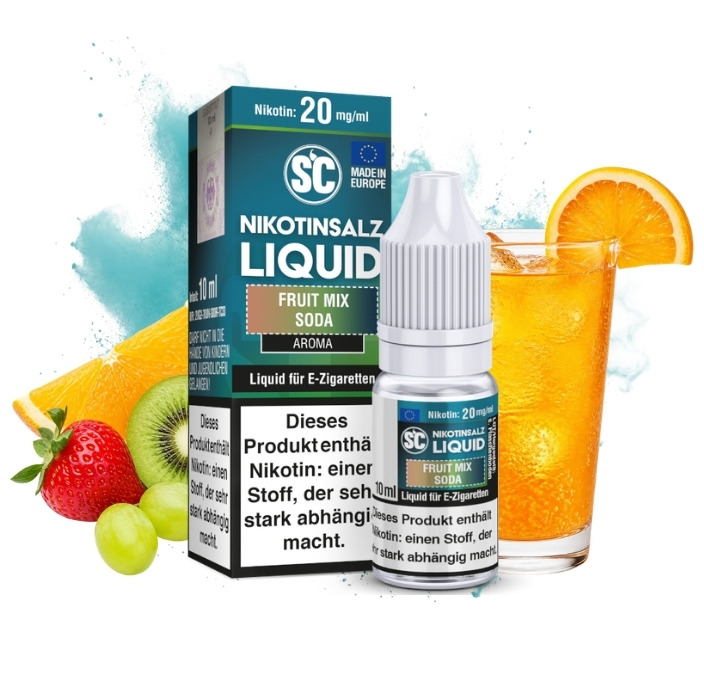 sc-fruit-mix-soda-nikotinsalz-liquid-20-mg-10-ml SC Fruit Mix Soda Nikotinsalz Liquid 10 ml, 20 mg/ml, Flasche mit Früchten und sprudelnder Limonade
