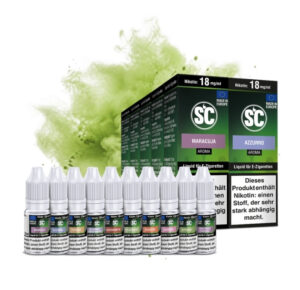SC Fruit Probierbox mit zehn 10 ml Liquid, 18 mg/ml, Flaschen und Früchten