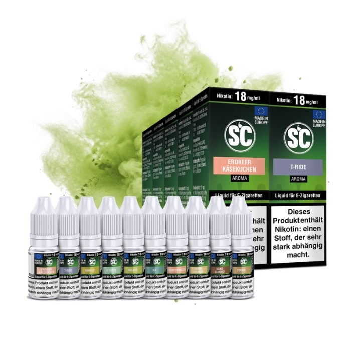 sc-gourmet-probierbox-18-mg-10-ml SC Gourmet Probierbox mit zehn 10 ml Liquid, 18 mg/ml, Flaschen, Käsekuchen, Keksen und Popcorn