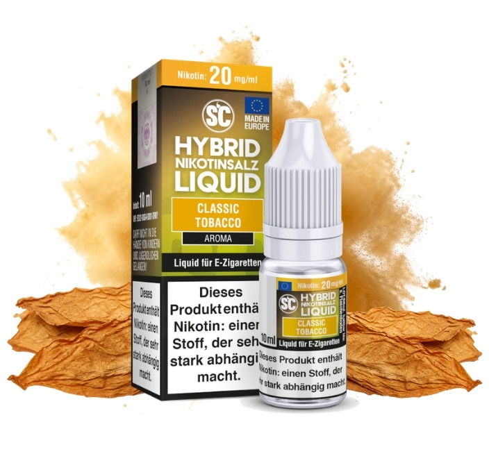 sc-hybrid-classic-tobacco-nikotinsalz-liquid-10-ml SC Hybrid Classic Tobacco Nikotinsalz Liquid 10 ml Flasche mit Tabakblättern