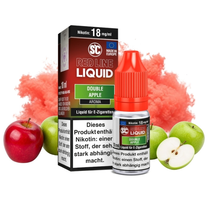 sc-red-line-double-apple-liquid-18-mg-10-ml SC Red Line Double Apple Liquid 10 ml, 18 mg/ml, Flasche mit Äpfeln und Eis