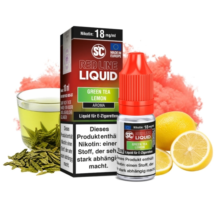 sc-red-line-green-tea-lemon-liquid-18-mg-10-ml SC Red Line Green Tea Lemon Liquid 10 ml, 18 mg/ml, Flasche mit grünem Tee und Zitronen