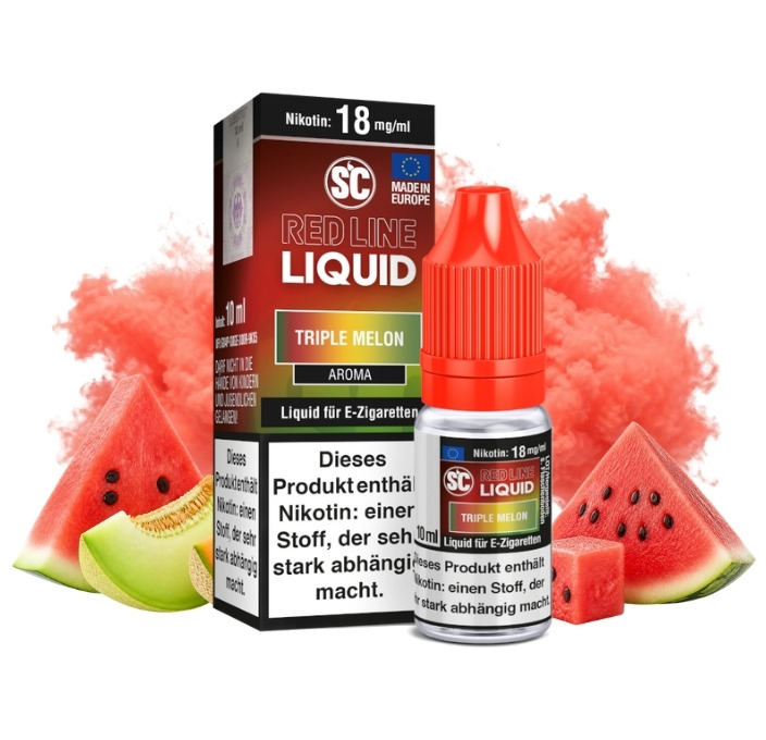 sc-red-line-triple-melon-liquid-18-mg-10-ml SC Red Line Triple Melon Liquid 10 ml, 18 mg/ml, Flasche mit Melonen und Eis