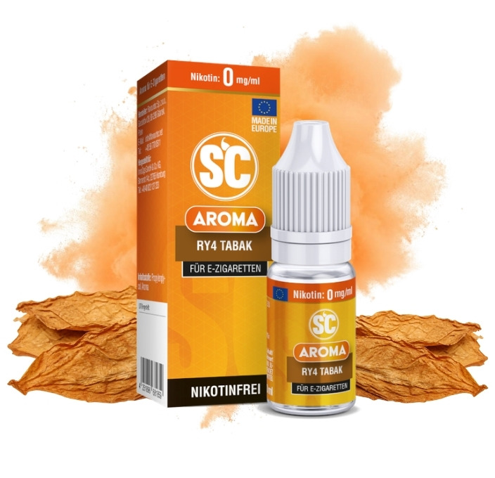 sc-ry4-tabak-aroma-10-ml SC RY4 Tabak Aroma 10 ml Flasche mit Tabakblättern und Akazienblüten