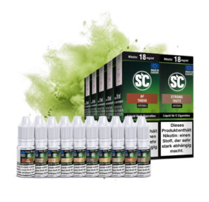 SC Tobacco Probierbox mit zehn 10 ml Liquid, 18 mg/ml, Flaschen und Tabakblättern