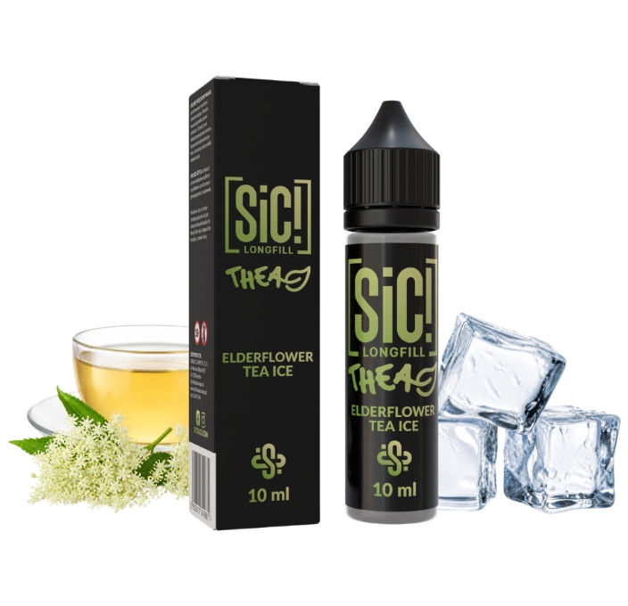 sic-thea-elderflower-tea-ice-longfill-10-ml SiC THEA Elderflower Tea Ice Longfill 10 ml Box und Flasche mit Holunderblütentee, Holunderblüten und Eiswürfeln