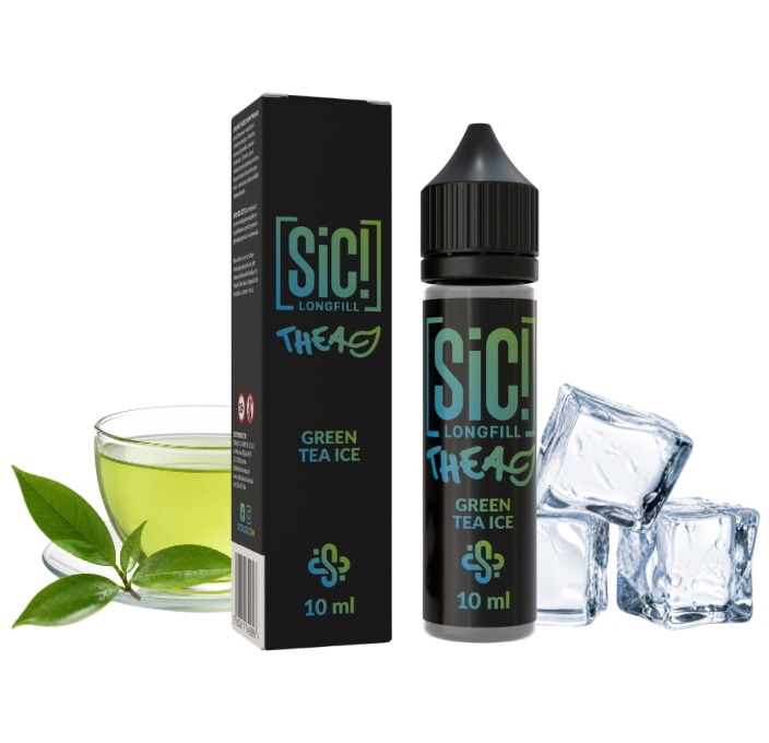 sic-thea-green-tea-ice-longfill-10-ml SiC THEA Green Tea Ice Longfill 10 ml Box und Flasche mit grünem Tee, Teeblättern und Eiswürfeln