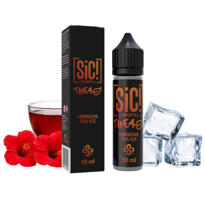 sic-thea-hibiscus-tea-ice-longfill-10-ml SiC THEA Hibiscus Tea Ice Longfill 10 ml Box und Flasche mit Hibiskustee, Hibiskusblüten und Eiswürfeln