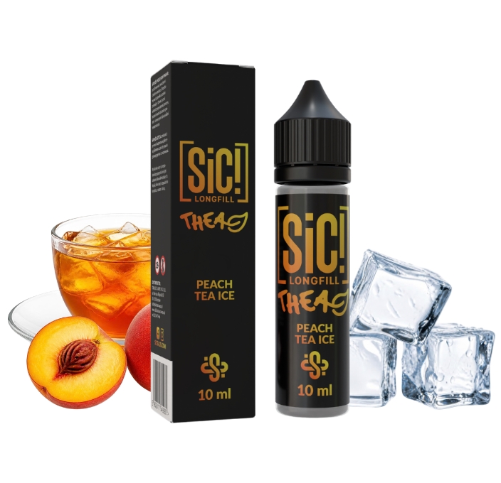 sic-thea-peach-tea-ice-longfill-10-ml SiC THEA Peach Tea Ice Longfill 10 ml Box und Flasche mit Pfirsicheistee, Pfirsich und Eiswürfeln