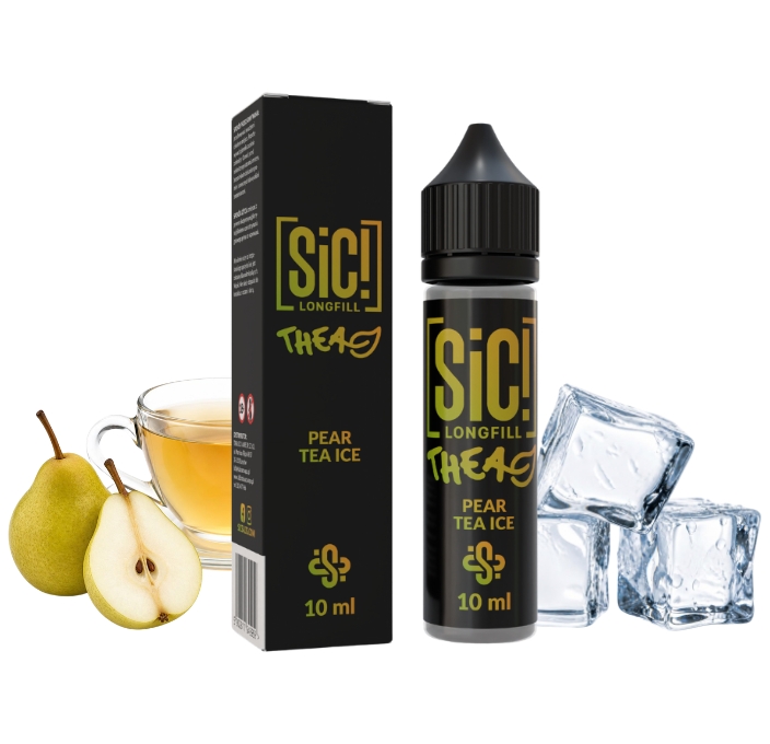 sic-thea-pear-tea-ice-longfill-10-ml SiC THEA Pear Tea Ice Longfill 10 ml Box und Flasche mit Birnentee, Birnen und Eiswürfeln