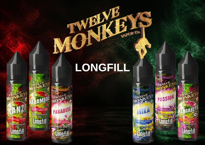 Sechs Flaschen Twelve Monkeys Longfill vor rot-grünem Rauch
