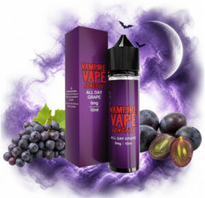 Vampire Vape All Day Grape Longfill 10 ml Box und Flasche mit Trauben und Traubenhälften