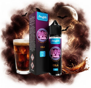Vampire Vape Bar Salts Cola Longfill 10 ml Box und Flasche mit einem Glas Cola und Colaspritzern