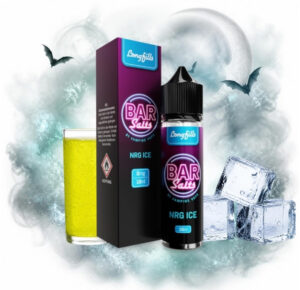 Vampire Vape Bar Salts NRG Ice Longfill 10 ml Box und Flasche mit einem Energydrink im Glas und Eiswürfeln