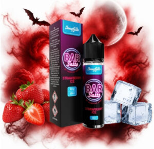 Vampire Vape Bar Salts Strawberry Ice Longfill 10 ml Box und Flasche mit Erdbeeren und Eiswürfeln