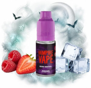 Vampire Vape Berry Menthol Liquid 10 ml Flasche mit roten Beeren und Eiswürfeln