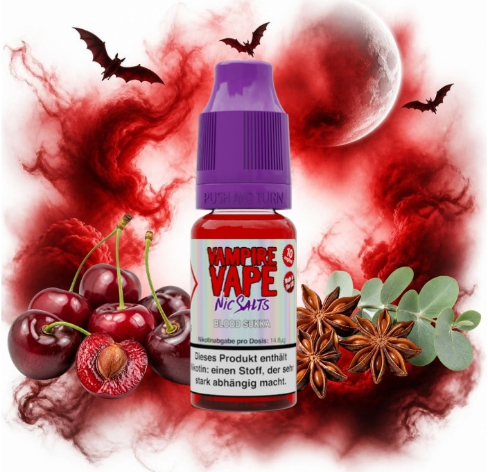 vampire-vape-blood-sukka-nikotinsalz-liquid-10-ml Vampire Vape Blood Sukka Nikotinsalz Liquid 10 ml Flasche mit Kirschen, Sternanis und Eukalyptus