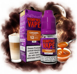 Vampire Vape Caramel Latte Liquid 12 mg/ml 10 ml Flasche mit einem Latte und Karamell