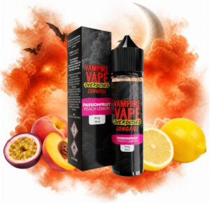 Vampire Vape Overdosed Passionfruit Peach Lemon Longfill 10 ml Box und Flasche mit Passionsfrucht, Pfirsich und Zitronen