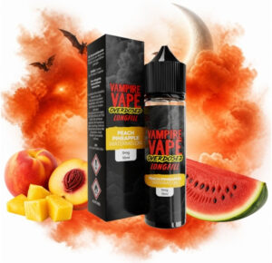 Vampire Vape Overdosed Peach Pineapple Watermelon Longfill 10 ml Box und Flasche mit Pfirsich, Ananas und einer Wassermelonenscheibe