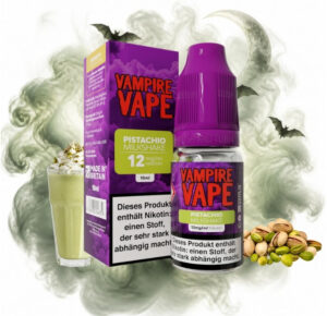 Vampire Vape Pistachio Milkshake Liquid 12 mg/ml 10 ml Flasche mit einem Pistazienmilchshake und Pistazien