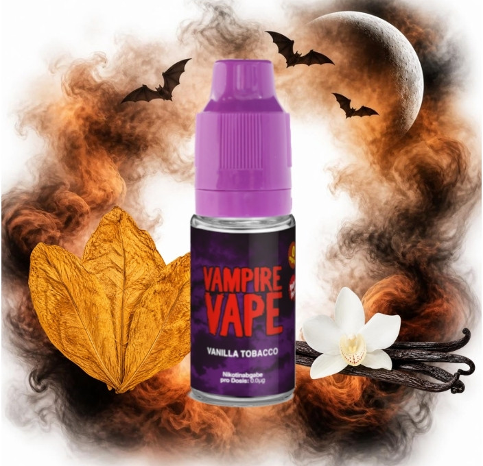 vampire-vape-vanilla-tobacco-liquid-10-ml Vampire Vape Vanilla Tobacco Liquid 10 ml Flasche mit Tabakblättern und Vanilleschoten