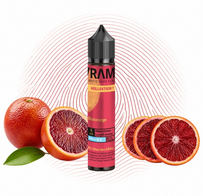vrama-blutorange-longfill-5-ml Flasche Vrama Blutorange Longfill 5 ml mit Blutorangen vor rotem Fingerabdruck-Motiv