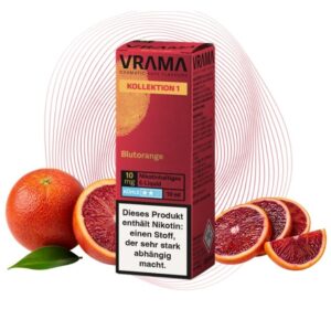 Packung Vrama Blutorange 10 mg/ml neben einer halbierten Blutorange