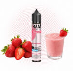 Flasche Vrama Erdbeer-Frappé Longfill 5 ml mit Erdbeeren und Frappé vor rosa Fingerabdruck-Motiv