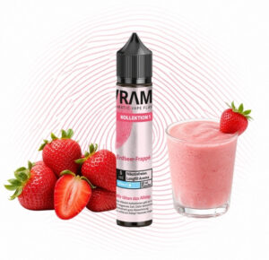 Flasche Vrama Erdbeer-Frappé Longfill 5 ml mit Erdbeeren und Frappé vor rosa Fingerabdruck-Motiv